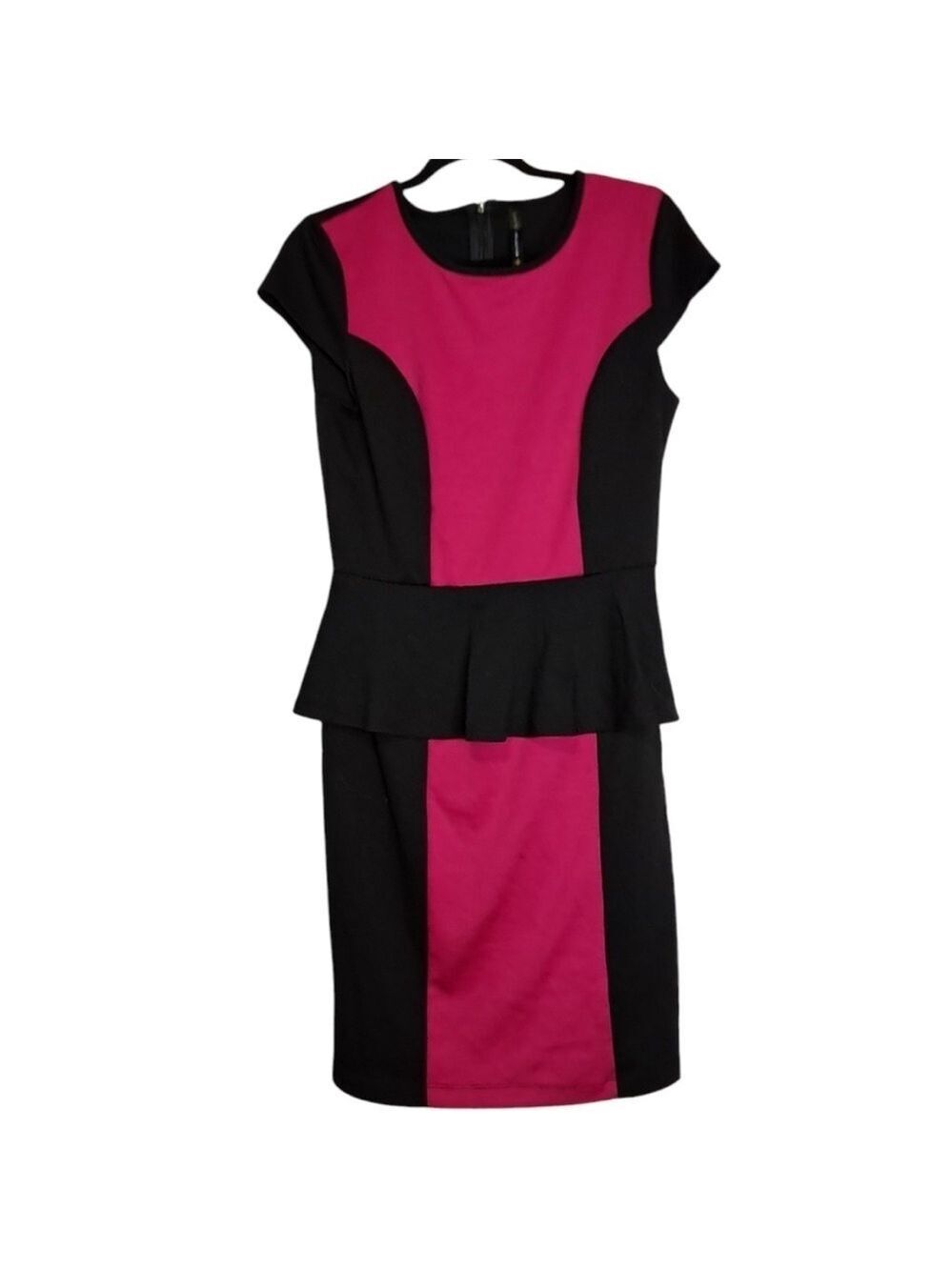 Lori M Peplum Short Sleeve Knee Length Sheath Dress Black And Pink, Size S